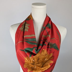 Vintage Scarf by Vera Neumann, Polyester, Made in Japan, Dahlias, Flowers, Floral, Red, Green, Orange, 26.5 x 27.5 inches