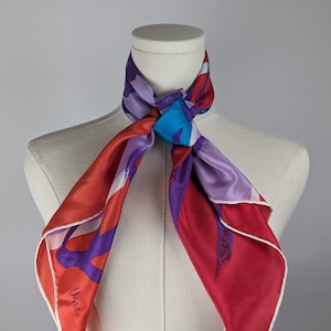 Vintage Scarf by Vera Neumann, 100 Percent Silk, Hand Rolled, Made in Japan, Blue, Orange, Purple, Red, 31 x 32 Inch
