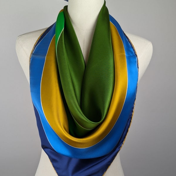 Vintage Scarf by Vera Neumann, 100 Percent Silk, Gold-piece Collection, Made in Italy, Eclipse, Blue, Green and Gold, 30 x 30 Inch Square