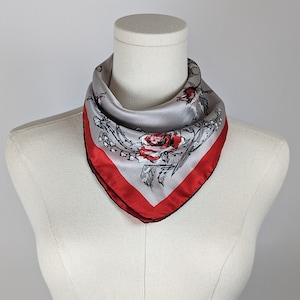 Vintage Scarf by Vera Neumann, 100 Percent Silk, Silver, Red, 16.5 x 16.5 Inch Square