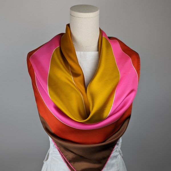 Vintage Scarf by Vera Neumann, 100 Percent Silk, Gold-piece Collection, Made in Italy, Eclipse, Red, Pink, Gold, 30 x 30 Inch Square