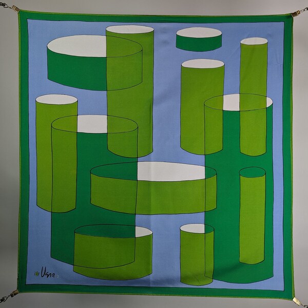 Collectible Vintage Vera Scarf, Made in Japan, Cylinders, Blue, Green, 26 x 26 Inch Square, Mod Accessory, Head Scarf, Hair Scarf