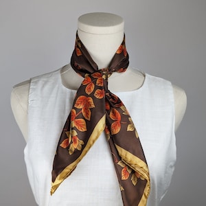Vintage Scarf by Vera Neumann, Polyester, Made in Japan, Floral, Brown, Orange, Fall Leaves, Autumn, 26 x 26 Inch Square