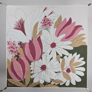 Vintage Scarf by Vera Neumann, Acetate, Made in Japan, Floral, White, Green, Pink, 21 x 21 Inch Square