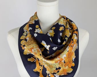 Vintage Scarf by Vera Neumann, Acetate, Made in Japan, Navy Blue and Yellow, Flowers, Floral, 26 x 26.5 Inches