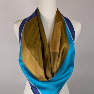 Bufanda vintage de Vera Neumann, 100 % seda, hecha a mano, fabricada en Japón, &quot;Barco vikingo&quot;, azul, marrón, 31 x 30,5 pulgadas