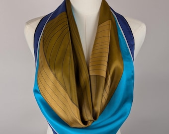 Vintage Scarf by Vera Neumann, 100 Percent Silk, Hand Rolled, Made in Japan, &quot;Viking Ship&quot;, Blue, Brown, 31 x 30.5 Inches