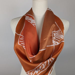 Vintage Scarf by Vera Neumann, Acetate, Made in Japan, Squiggles, Blocks, Orange, 27 x 27 Inch Square