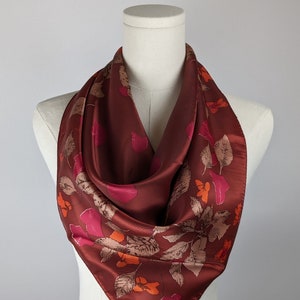 Vintage Scarf by Vera Neumann, Acetate, Made in Japan, Floral, Leaves, Red, 26 x 26 Inch Square