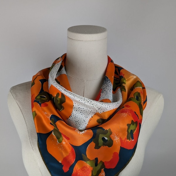 Vintage Scarf by Vera Neumann, Silk, Rayon, Made in Japan, "Persimmons", Farm Fashion, Fruit, Orange, White and Navy Blue, 26 x 26 inches