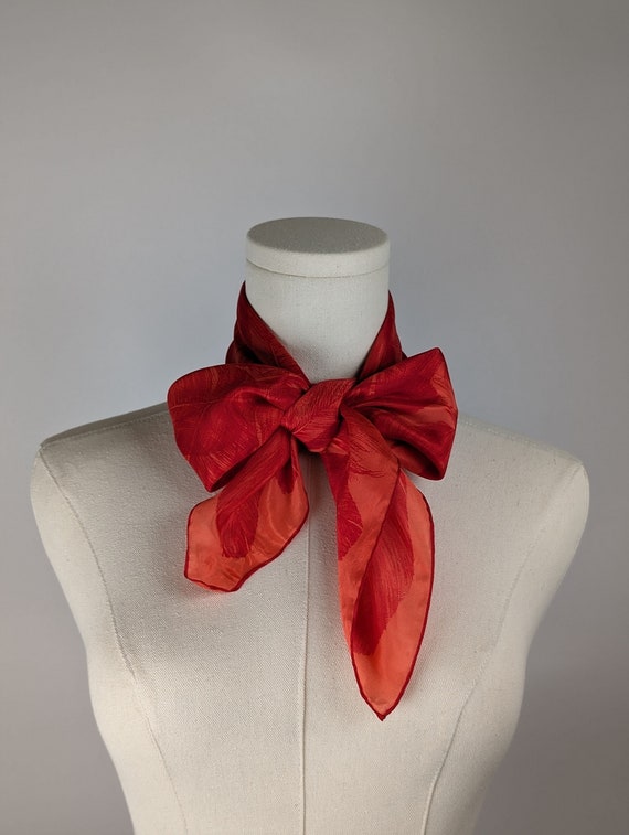 Vintage Scarf by Vera Neumann, 100 Percent Silk, Hand Rolled, Made in Japan, Water-Repellent, Feathers, Red, 30 x 31 Inch
