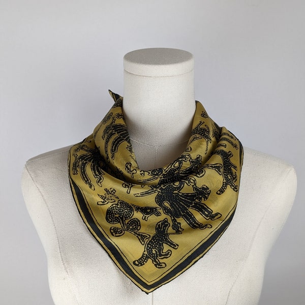 Vintage Scarf by Vera Neumann, 100 Percent Silk, Handscreened in USA, "The Hunt", Hunters Gift, Hunting Dog, Yellow, Black, 22x22 Inches