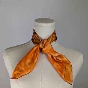 Vintage Scarf by Vera Neumann, Silk, Made in Japan, Handrolled, Tribal, Portal, Orange, Tan, 22.5 x 22.5 Inch Square