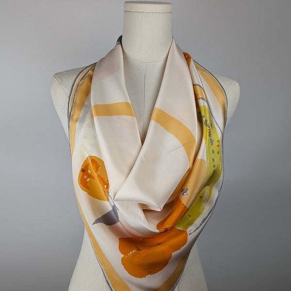 Vintage Scarf by Vera Neumann, 100 Percent Silk, Gold-piece Collection, Fruit, Still Life Art, Orange, 30.5 x 31.5 Inch Square