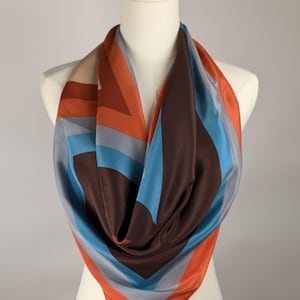 Collectible Vintage Vera Scarf, 100 Percent Silk, Made in Japan, Orange, Brown, Grey and Blue, 30 x 31.5 Inches