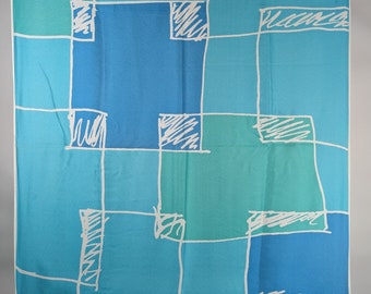 Vintage Scarf by Vera Neumann, Acetate, Made in Japan, Squiggles, Blocks, Blue, 27 x 27 Inch Square