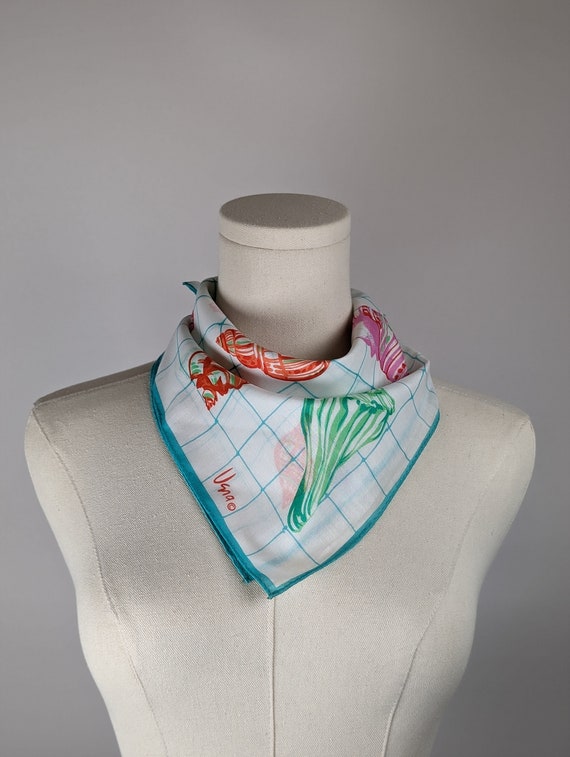 Vintage Scarf by Vera Neumann, 100 Percent Cotton, Made in Japan, Sea Shells, Fishing Net, Blue, Green, 21 x 21 inches Square, Neckerchief