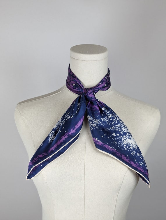 Vintage Scarf by Vera Neumann, 100 Percent Silk, Hand Rolled, Made in Japan, Mandala, Purple and Navy Blue, 22.5 x 22.5 Inch Square