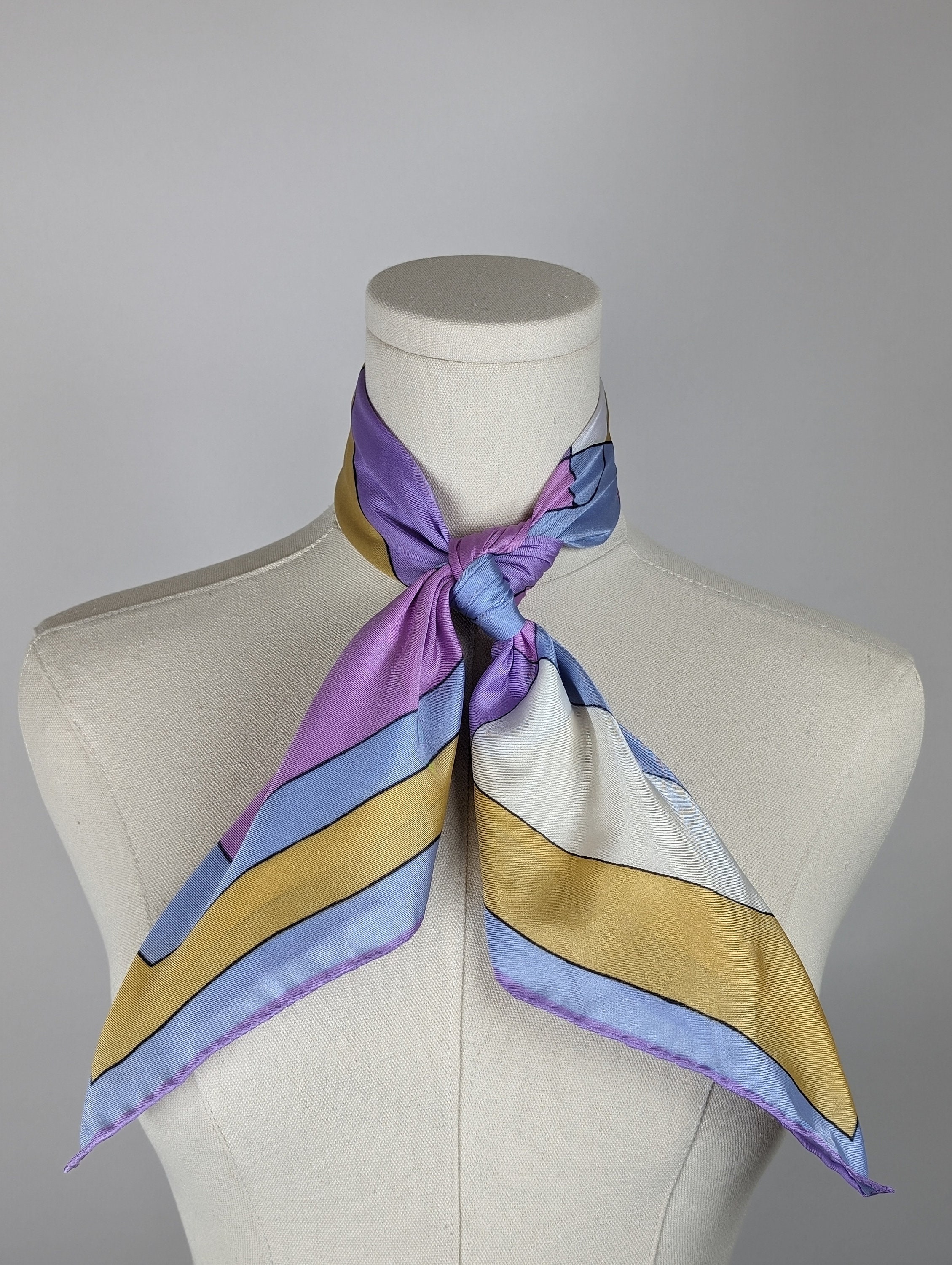Vintage Scarf by Vera Neumann, Nylon, Made in Japan, Cylinders, Purple, Gold, Lavender, 26 x 26 inches Square