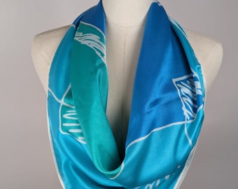 Vintage Scarf by Vera Neumann, Acetate, Made in Japan, Squiggles, Blocks, Blue, 27 x 27 Inch Square