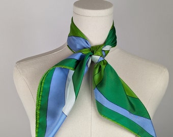 Vintage Scarf by Vera Neumann, Nylon, Made in Japan, Cylinders, Blue, Green, 26 x 26 inches Square