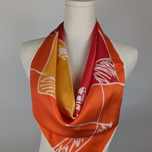Vintage Scarf by Vera Neumann, Acetate, Made in Japan, Squiggles, Blocks, Red, Orange, Yellow, 27 x 27 Inch Square