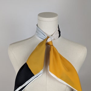 Vintage Scarf by Vera Neumann, Polyester, Made in Japan, Sunset, Lines, Black, White and Yellow, 26.5 x 26.5 inches Square