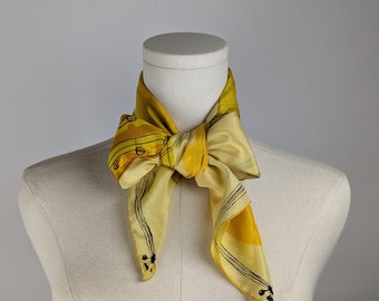 Vintage Scarf by Vera Neumann, Pure Silk, Made in USA, Handscreened, Violin, Violinist, Musical Instruments, Gifts for Musicians, Yellow