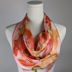 Vintage Scarf by Vera Neumann, 100 Percent Silk, Made in Japan, Handrolled, Pink & Orange, Floral, Flower Garden, 26.5&quot; x 27&quot;