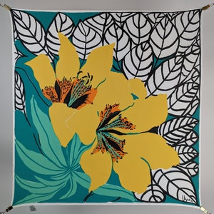 Vintage Scarf by Vera Neumann, Polyester, Made in Japan, Lillies, Yellow, Green, Black and White, 20.5 x 21.5 Inches