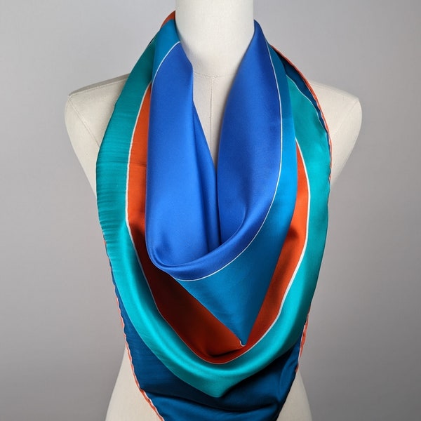 Vintage Scarf by Vera Neumann, 100 Percent Silk, Gold-piece Collection, Made in Italy, Eclipse, Blue and Coral, 30 x 30 Inch Square