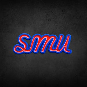 May include: A three-dimensional, stylized rendering of the letters "SMU" in a cursive font. The letters are primarily red with a blue outline and a thin white border, set against a dark gray, textured background.