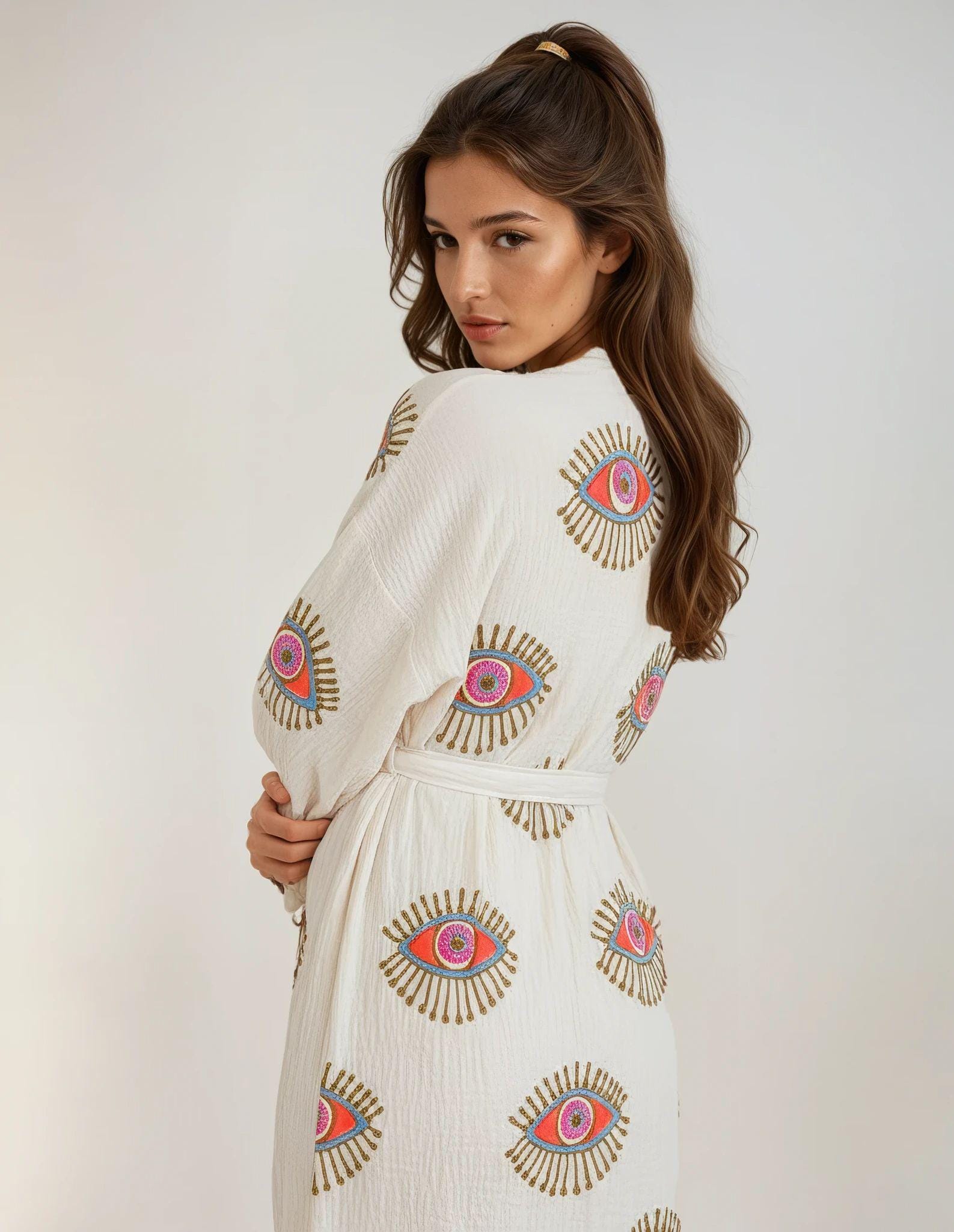 Handmade Organic Cotton Kimono Robe: White & Gold Evil Eye