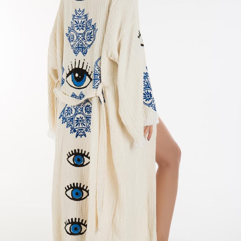 Embroidered Fringe Kimono Robe