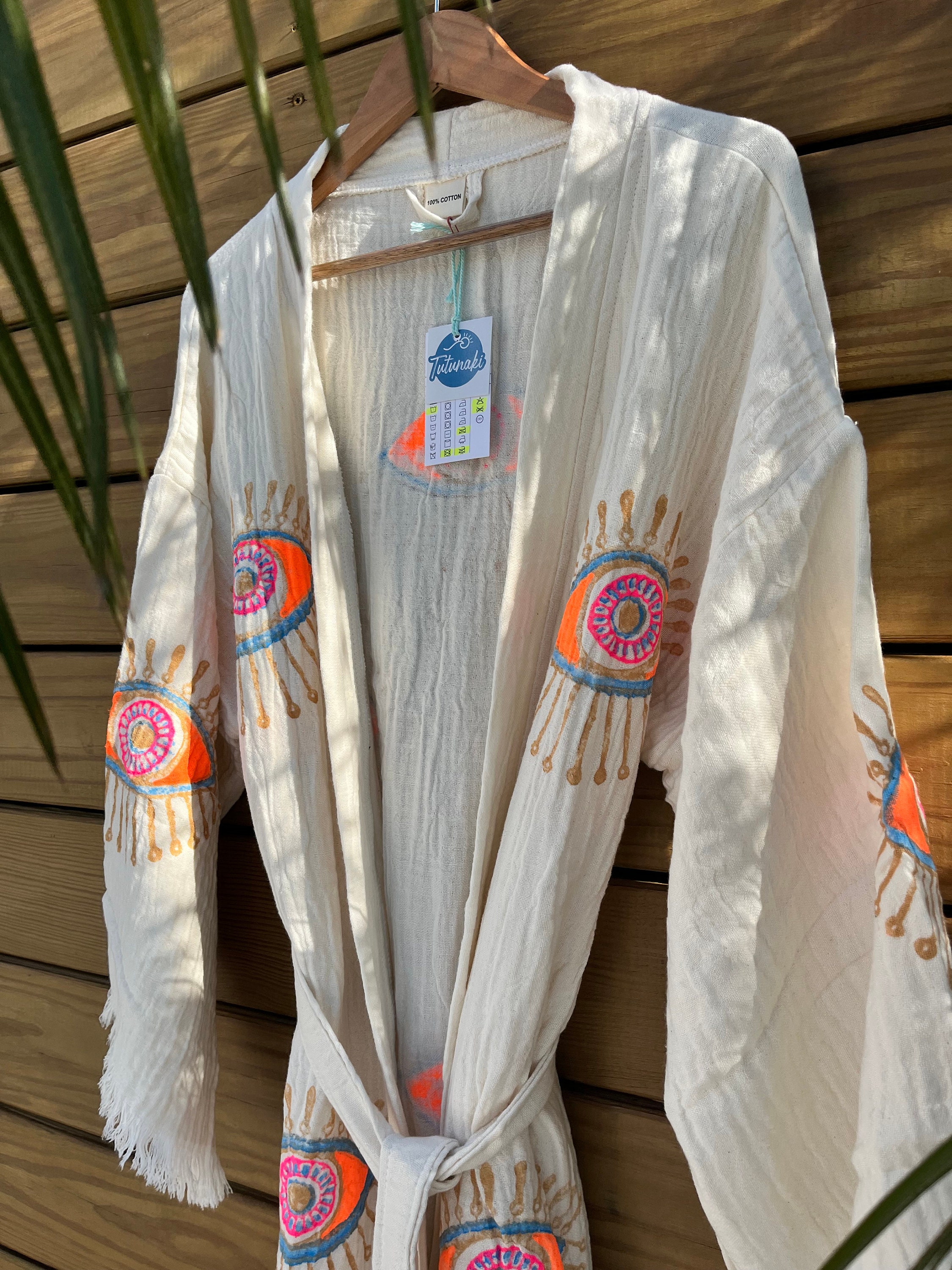 Handmade White, Gold Evil Eye, Kimono Robe, Muslin Kimono, Cotton Robe ...