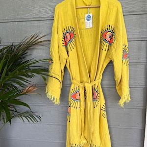 Handmade Yellow Evil Eye Kimono Robe: Organic Cotton Muslin Kaftan