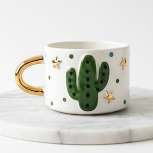 Handmade Texas Cactus Ceramic Mug with 24K Gold, Southwestern Pottery Gift