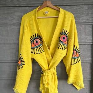 Handmade Yellow Evil Eye Kimono: Organic Cotton Boho Robe