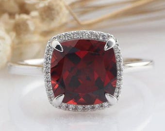 Cushion Cut Garnet Engagement Ring, January birthstone Ring In Sterling Silver Cushion Cut Garnet Wedding Ring Anniversary Ring Gift For Her