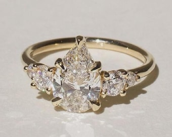 Vintage 2.65CT Teardrop Pear Cut Moissanite Solitaire 14k Yellow Gold Plated Round Cut Accents 1.6 MM Solitaire Band 5 Claw Prongs In Trend