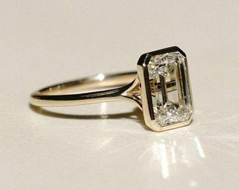 3CT Emerald Cut Moissanite Engagement Ring 14K Gold Plated Ring Bezel Set Wedding Ring Moissanite Bezel Set Solitaire Promise Ring for Women