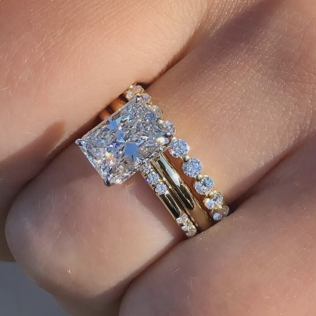 3CT Radiant Cut Moissanite Engagement Trio Bridal Ring Set, 14K Gold ...