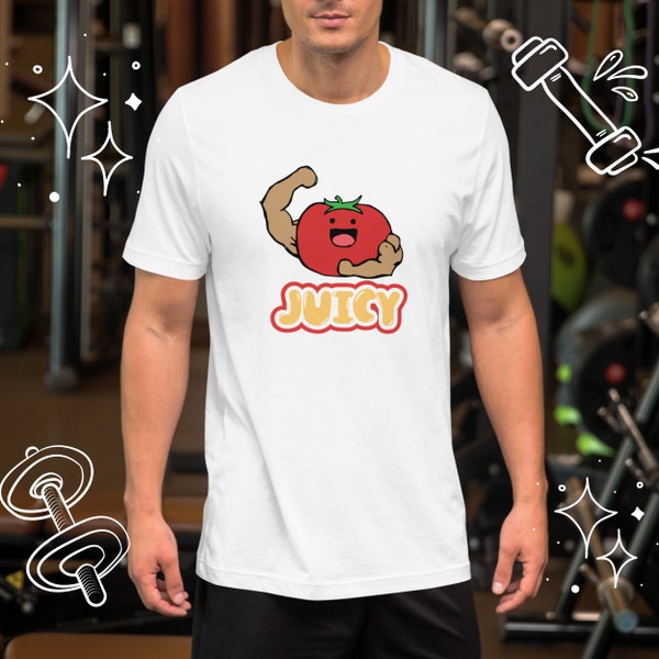 Juicy Red Tomato Workout Shirt for Bodybuilding, Exercise, Weightlifting, Lifting, Gym Lovers. Funny Muscular Fruit Unisex Fitness T-Shirt.