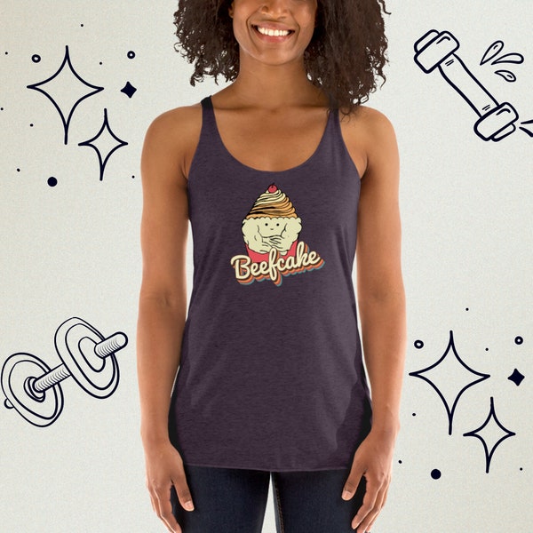 Cute Beefcake Cupcake Women's Racerback Tank Top for Weightlifting, Bodybuilding, Exercise, Gym Workout. Funny Buff Food Lifting Shirt.