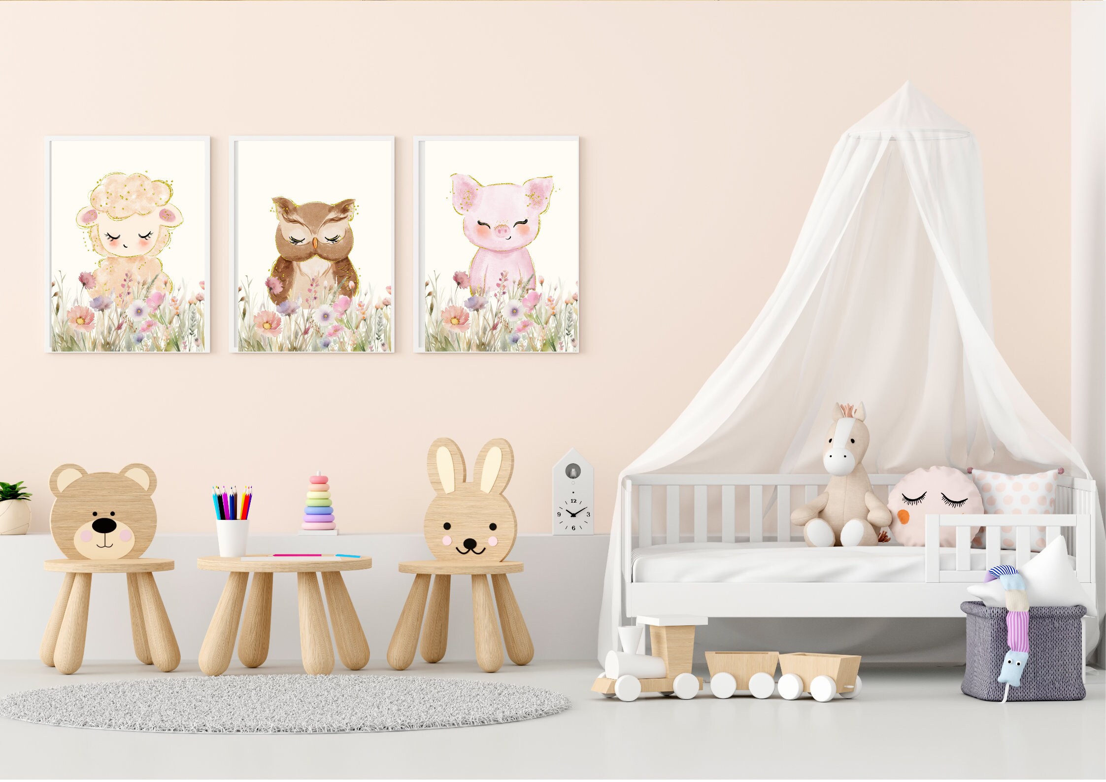 Farm Animal Nursery Decor Set of 3 Animal Nursery Prints Pig, Owl, Lamb ...
