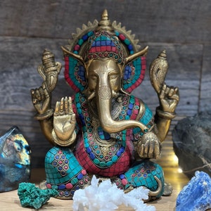 Ganesha Antique Statue, 15lbs, Lapis Lazuli, Turquoise, Coral