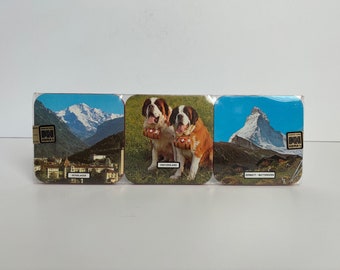 Vintage set van 6 Zwitserland onderzetters, Swiss Travel Beverage bierviltjes, Matterhorn Landmark Photography door HEMA, Alpenreiziger Barware Gift