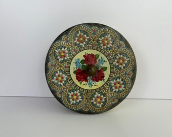 Vintage Dutch Embossed Tin, Mosaic Metal Container from Holland, Round Floral Colorful Sewing Box The Netherlands, Colorful Fruitcake Tin