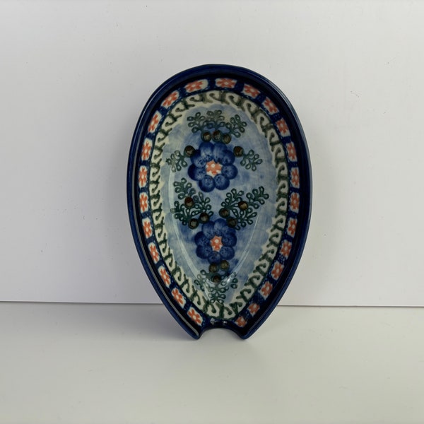 Blue Floral Polish Spoon Rest, Handmade Ceramic Unikat Pottery, Made in Poland Utensil Rest, Colorful Stoneware Spoon Holder, Kitchen Trivet