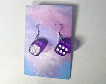 Purple acrylic dice stainless steel hooks handmade dangle earrings